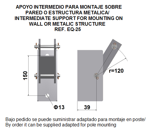 Apoyo intermedio para montaje sobre pared o estructura metálica